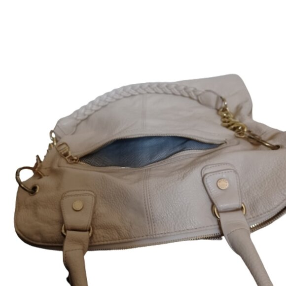 Steve Madden Chunky Gold Chain Purse Tan Faux Pebble Leather Zippers Tote Bag - Picture 5 of 8